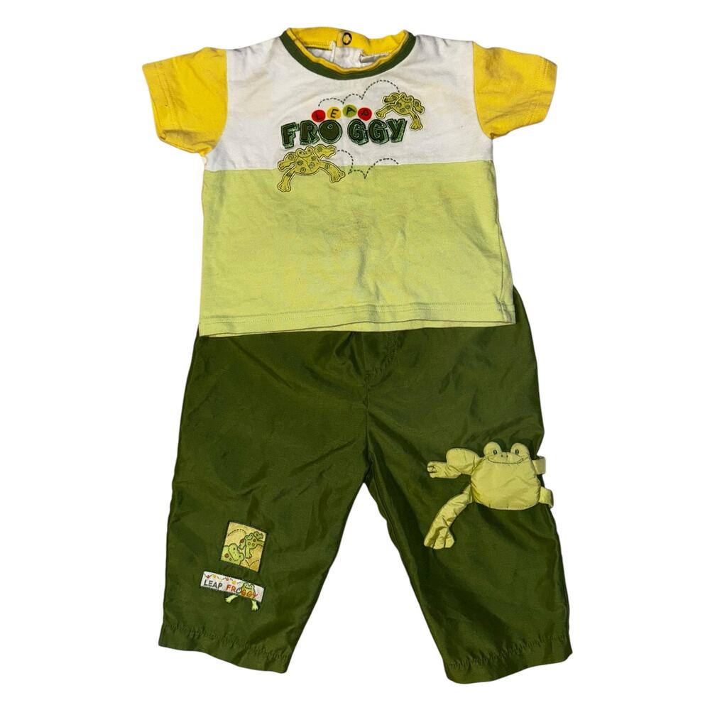 Vintage Leap Froggy Baby Boy Outfit Sz 12 Months Embroidered 3D Frog Color Block